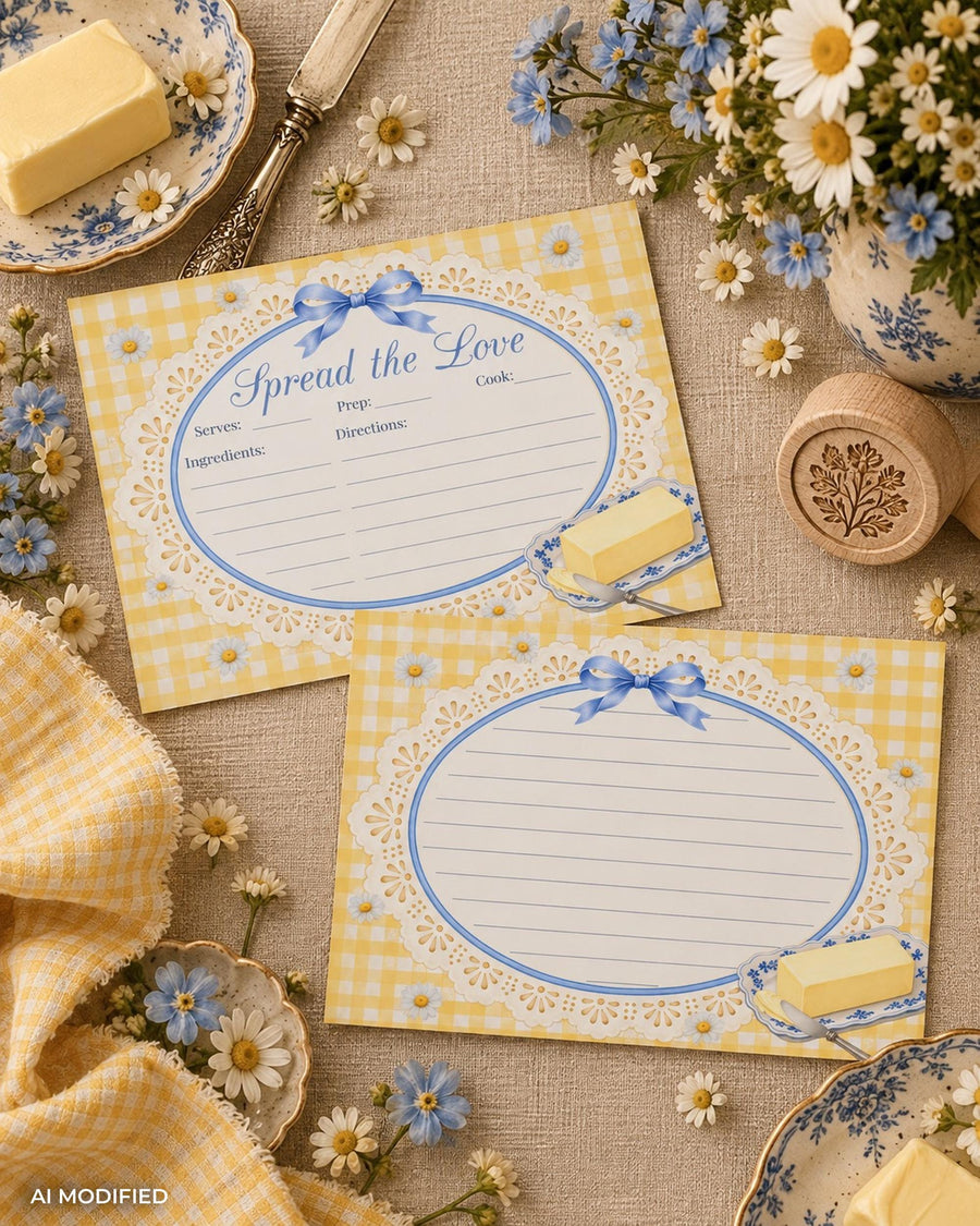 Butter Bridal Shower Recipe Card, Blue Gingham Brunch Keepsake, Editable Kitchen Gift Template 089BU-RECA