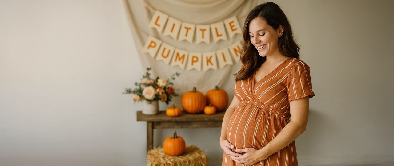 Pregnant woman in a striped dress standing next to pumpkins and a 'Little Pumpkin' banner.