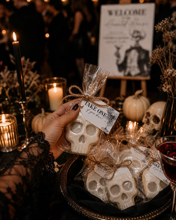 Halloween party favor tags on skull treats