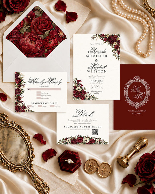 Burgundy floral wedding invitation suite