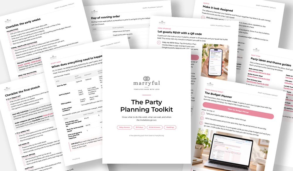 All pages of the free party planning toolkit fanned out