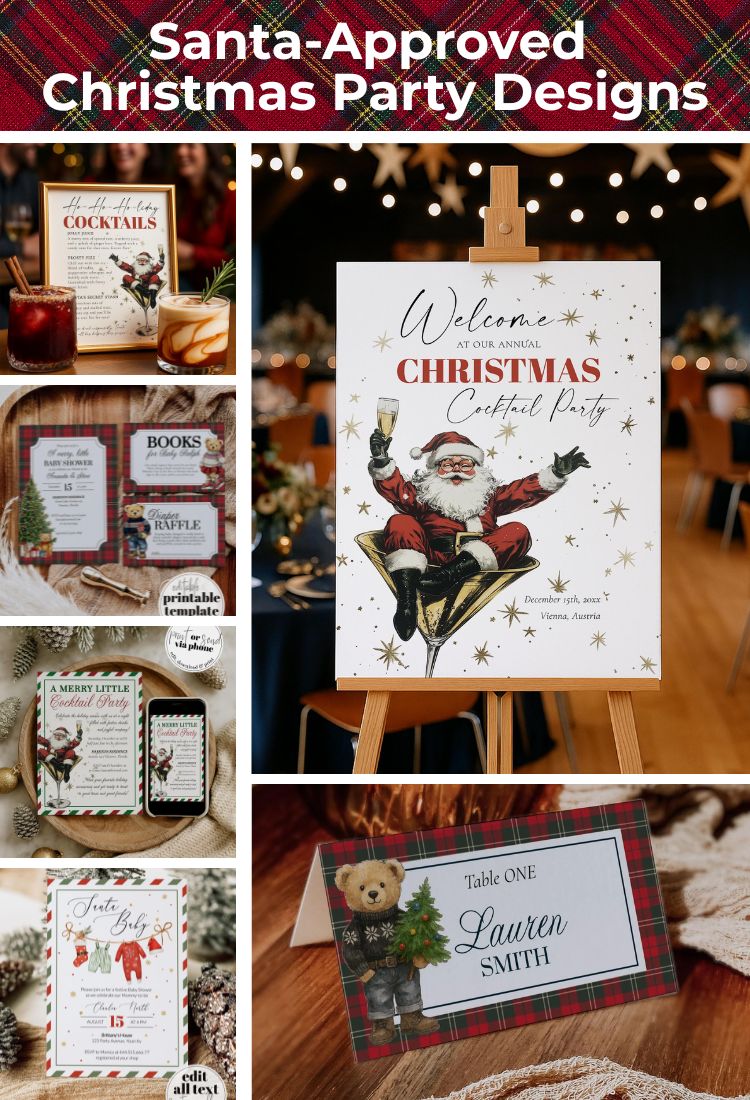 Collage of Christmas party decorations with Santa Claus, including signs and seating charts.