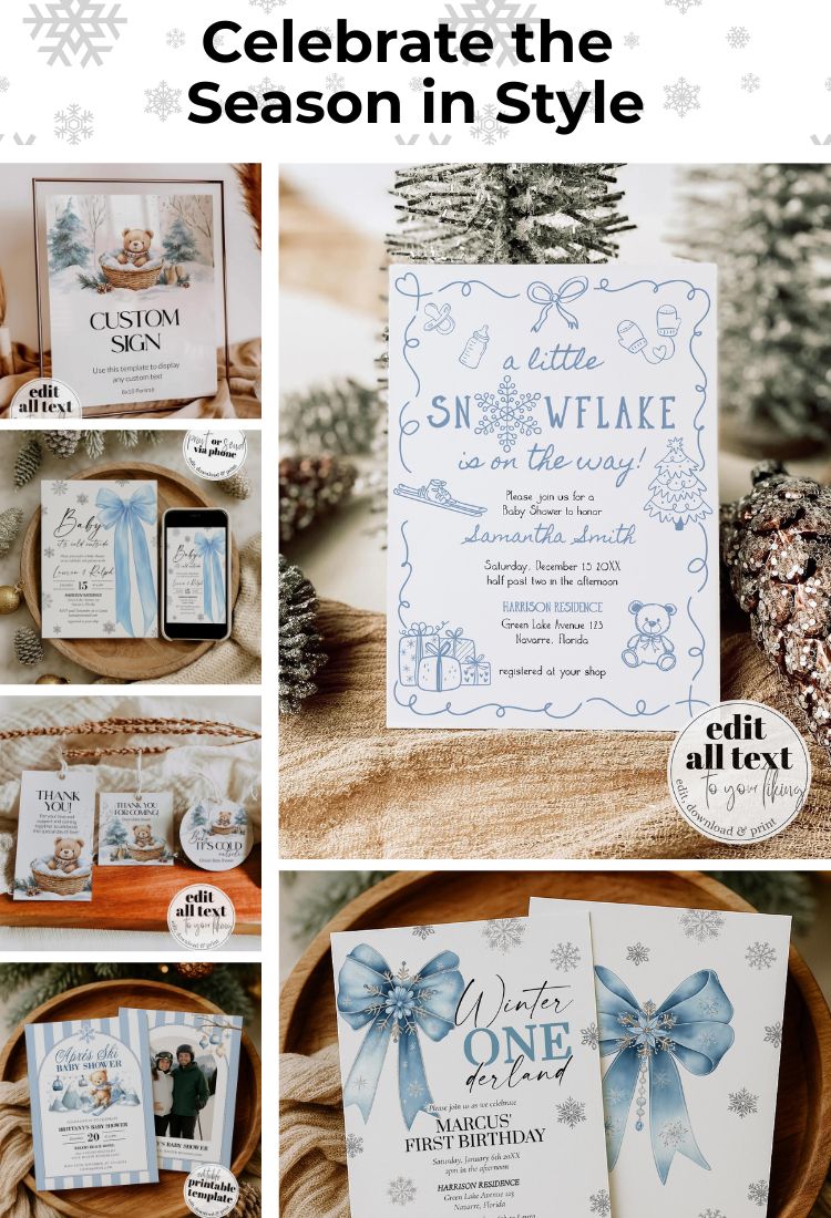 Collage of winter-themed invitations and stationery with snowflakes and bears.