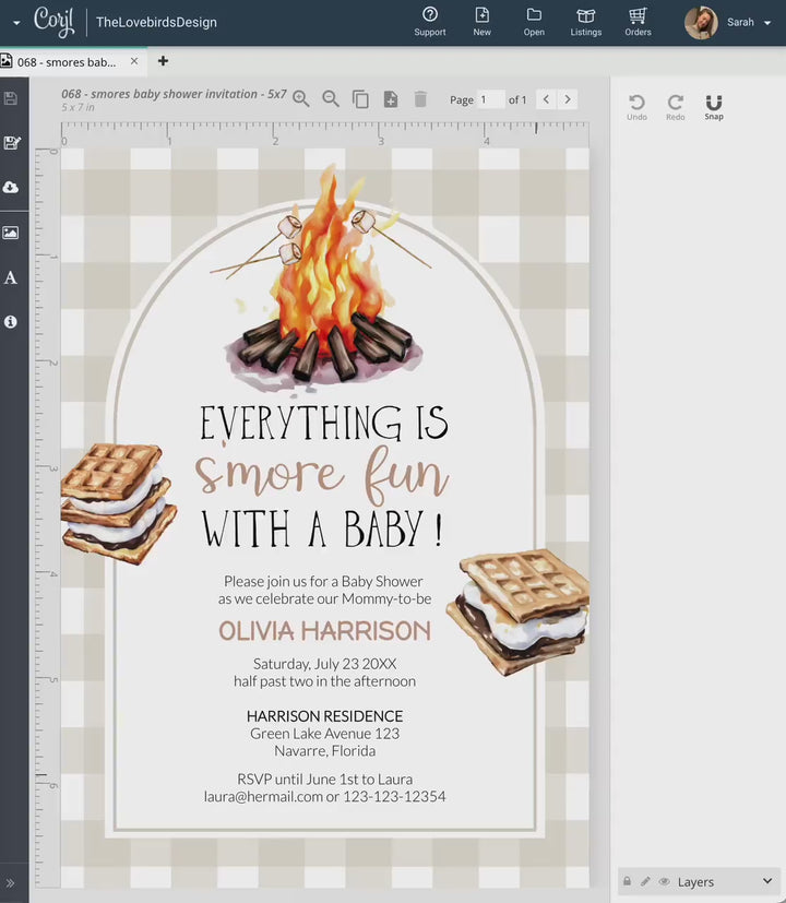 Smores Baby Shower Invitation Template Editable Beige Gingham Bonfire Marshmallow Design Printable Invite Cute Fall Gender Neutral Theme#068