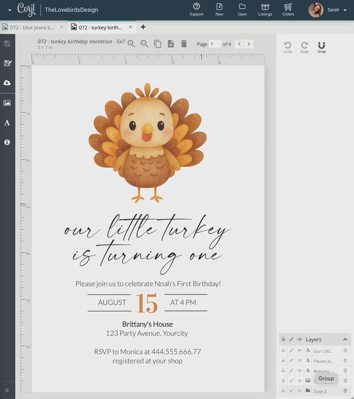 Thanksgiving Turkey First Birthday Invitation for Fall Our Little Turkey is Turning ONE 1st Birthday Party Invite Template Autumn #068