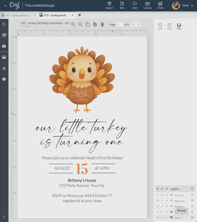 Thanksgiving Turkey First Birthday Invitation for Fall Our Little Turkey is Turning ONE 1st Birthday Party Invite Template Autumn #068