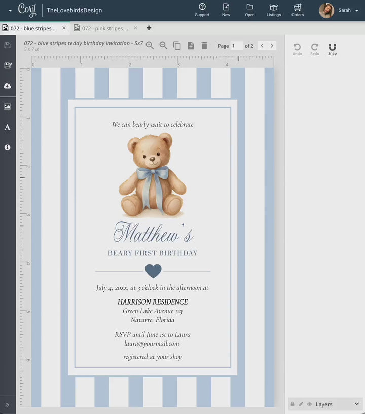 Blue Beary First Birthday Invitation Template for Boys Teddy Bear Themed 1st Birthday Invite with Bow Vintage Classic Luxurious Party #068