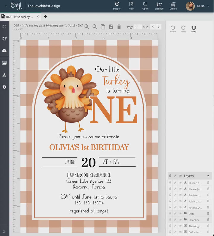 Our Little Turkey is Turning One Place Card or Food Label for Thanksgiving Dinner, Editable Fall First Birthday Party Decor Template #068
