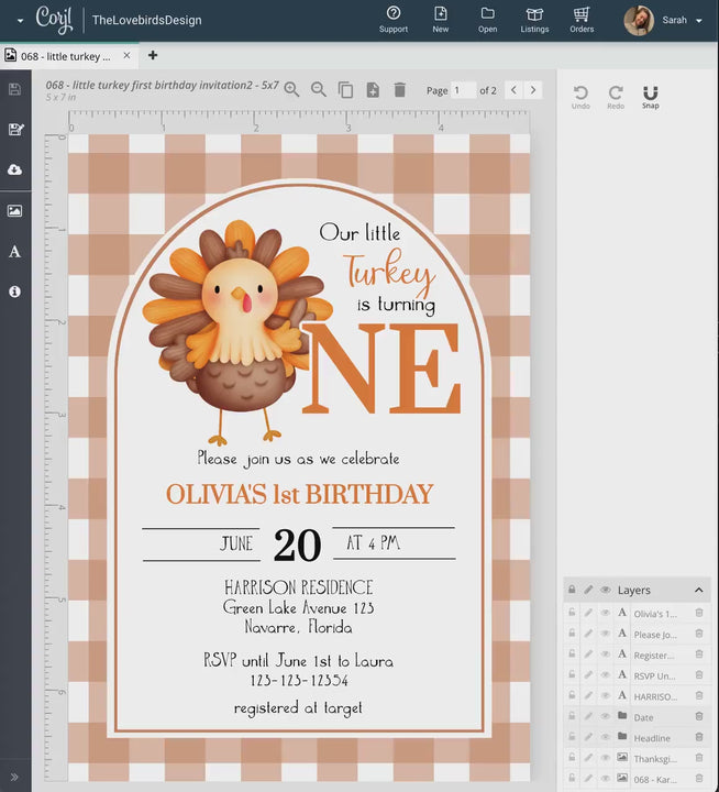 Our Little Turkey is Turning One Place Card or Food Label for Thanksgiving Dinner, Editable Fall First Birthday Party Decor Template #068