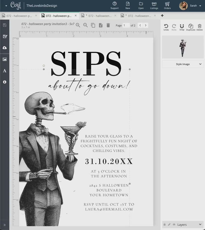 Vintage Halloween Party Invitation Template for Adult Costume Celebration with Cocktails and Skeletons #072