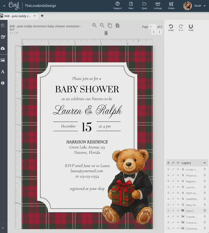 Christmas Bear Thank you Card Template for Winter Baby Shower Ralph Vintage Luxury Polo Baby Shower Card Teddy Bear Theme #068