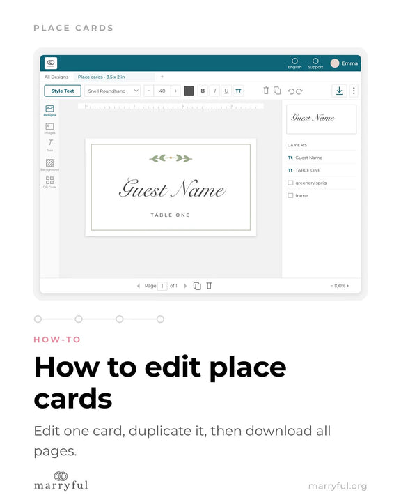 How to edit place cards in Corjl: edit one card, duplicate it, download all pages, then print and fold - marryful.org