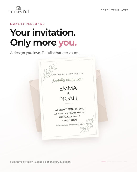 How your Corjl invitation template works: personalize, download and print, or choose printed invitations — Marryful templates made with love