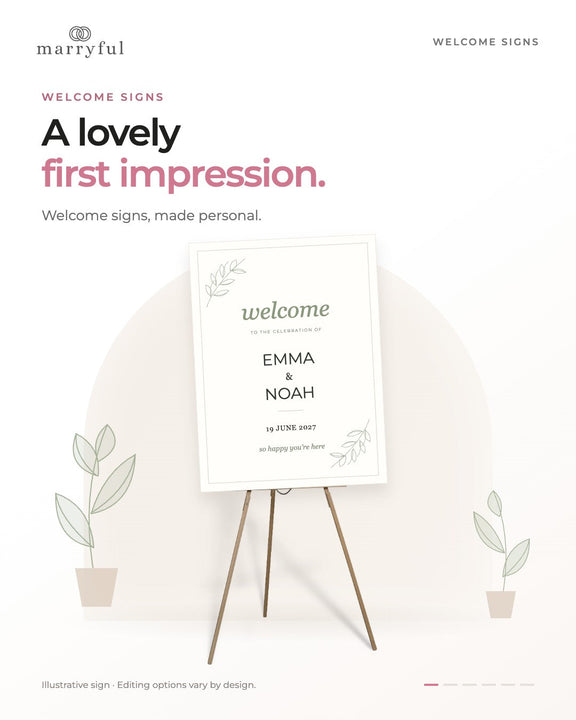 How Marryful welcome signs work: personalize in Corjl, download and print, or choose a printed sign.