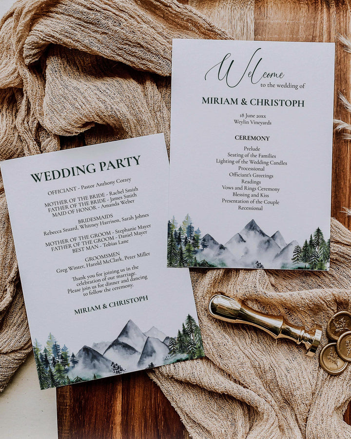 Mountain Wedding Program Template for Rustic Fall Wedding