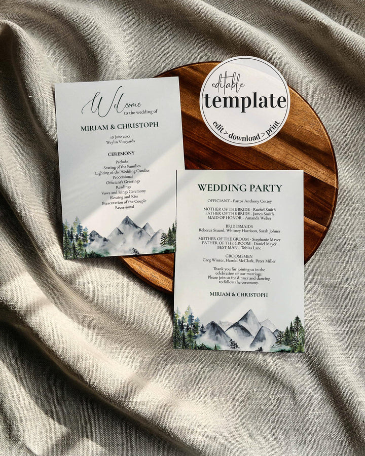 Mountain Wedding Program Template for Rustic Fall Wedding