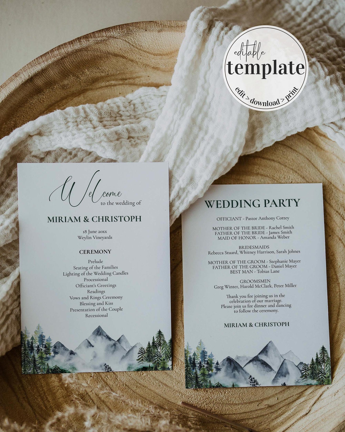Mountain Wedding Program Template for Rustic Fall Wedding