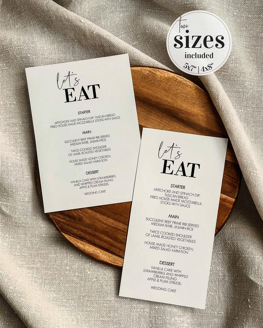 Printable Menu Cards with Instant Download