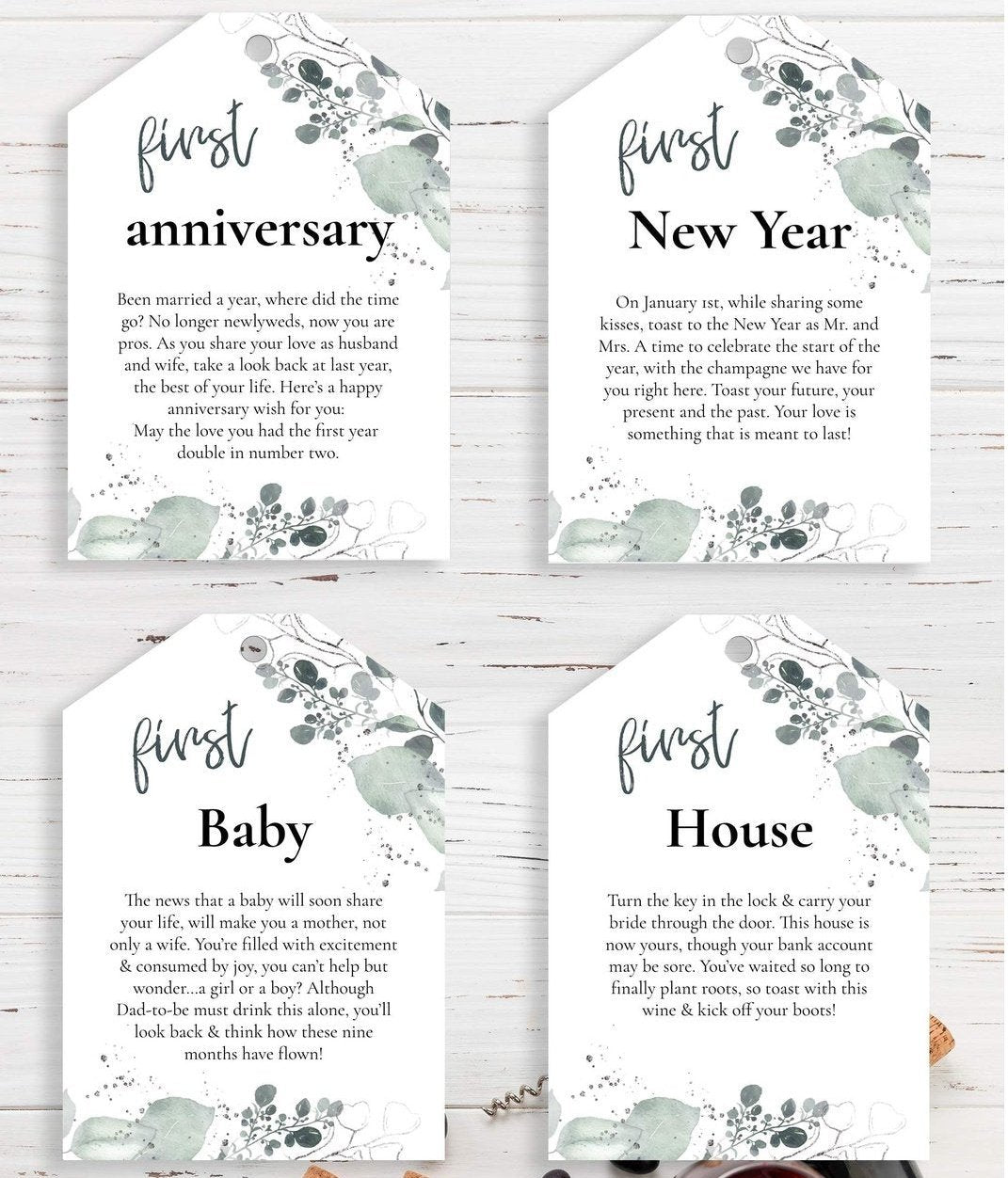 Marriage Milestone Wine Tags, year of firsts wine tags, Milestone Wine Bottle Gift Tags