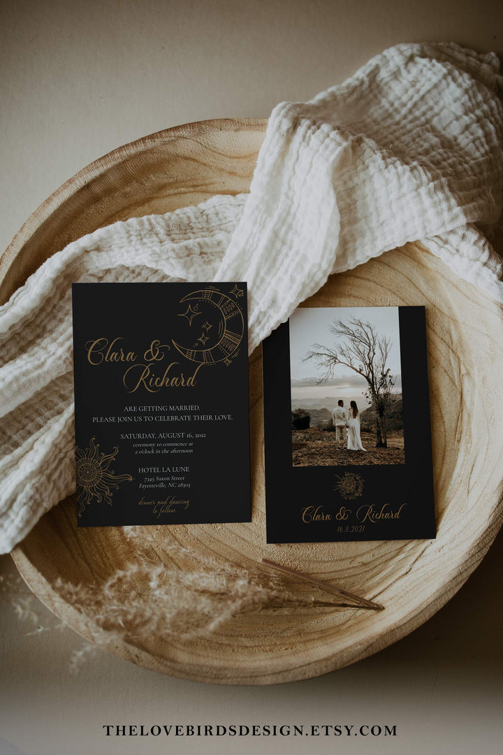 Black Wedding Invitation Template, Witchy Wedding Invite for Celestial Wedding #062