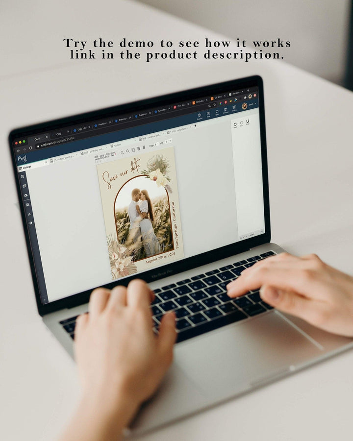Boho Rust Wedding Save the Date with Photo - Burnt Orange Theme, Terracotta & Copper Saree - Instant Download Digital Template
