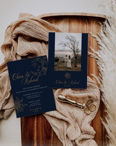 Celestial Wedding Invitation, Editable Deckled Edge Template, Navy Blue and Gold elegant Bohemian Sun and Moon Wedding #062