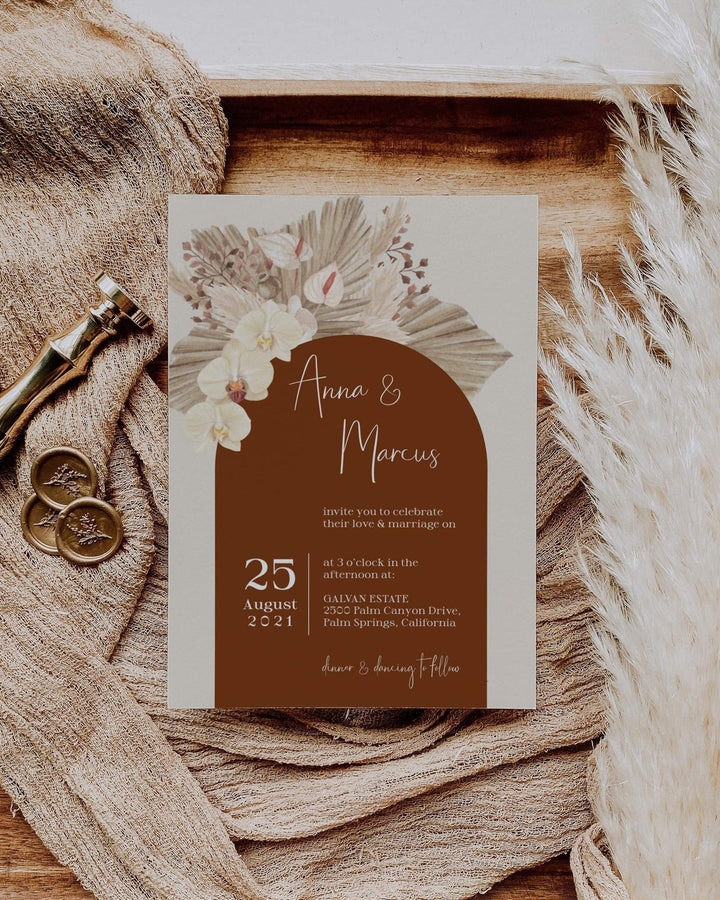 Boho Rust Wedding Invitation Suite - Burnt Orange & Terracotta Theme - Copper Saree - Instant Download Digital Template