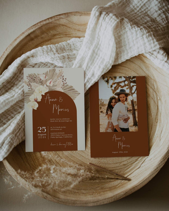 Boho Rust Wedding Invitation Suite - Burnt Orange & Terracotta Theme - Copper Saree - Instant Download Digital Template