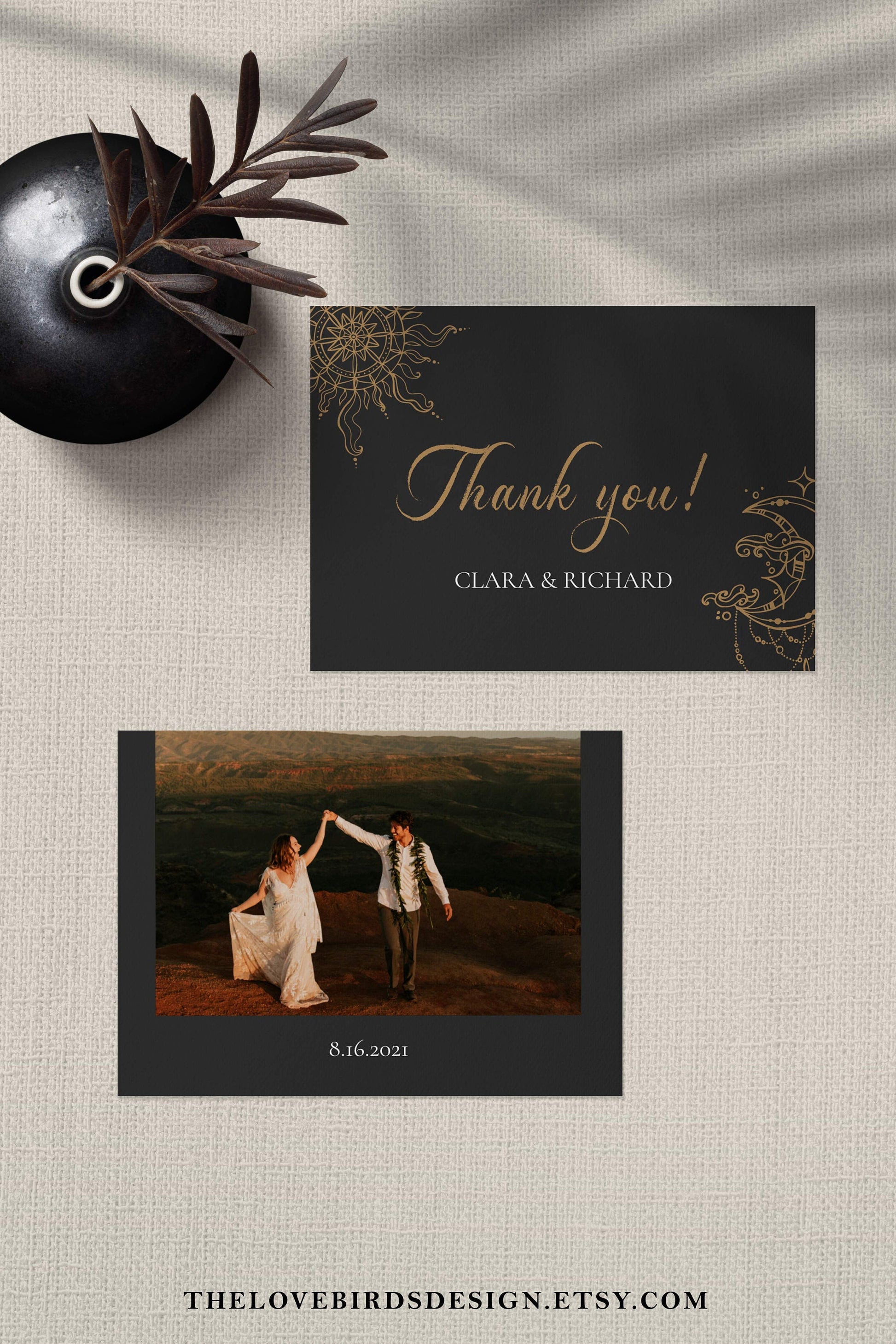 Celestial Wedding Thank you Card, Editable Template, Black Navi Blue and Gold elegant Bohemian Sun and Moon Wedding #062