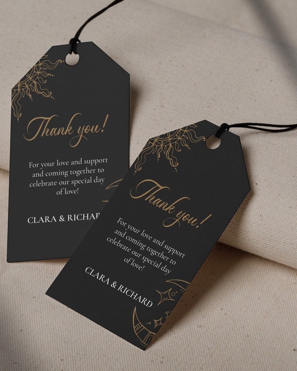 Celestial Wedding Thank you Tags, Custom Template, Black Navi Blue and Gold elegant Bohemian Sun and Moon Wedding #062