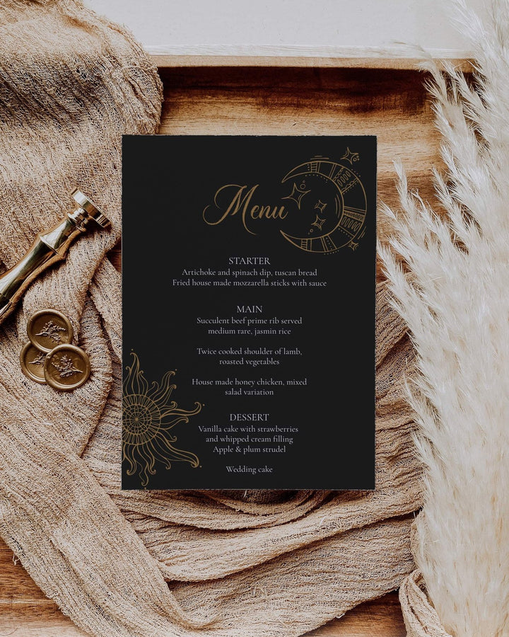 Black Celestial Wedding Menu Card Templates #062