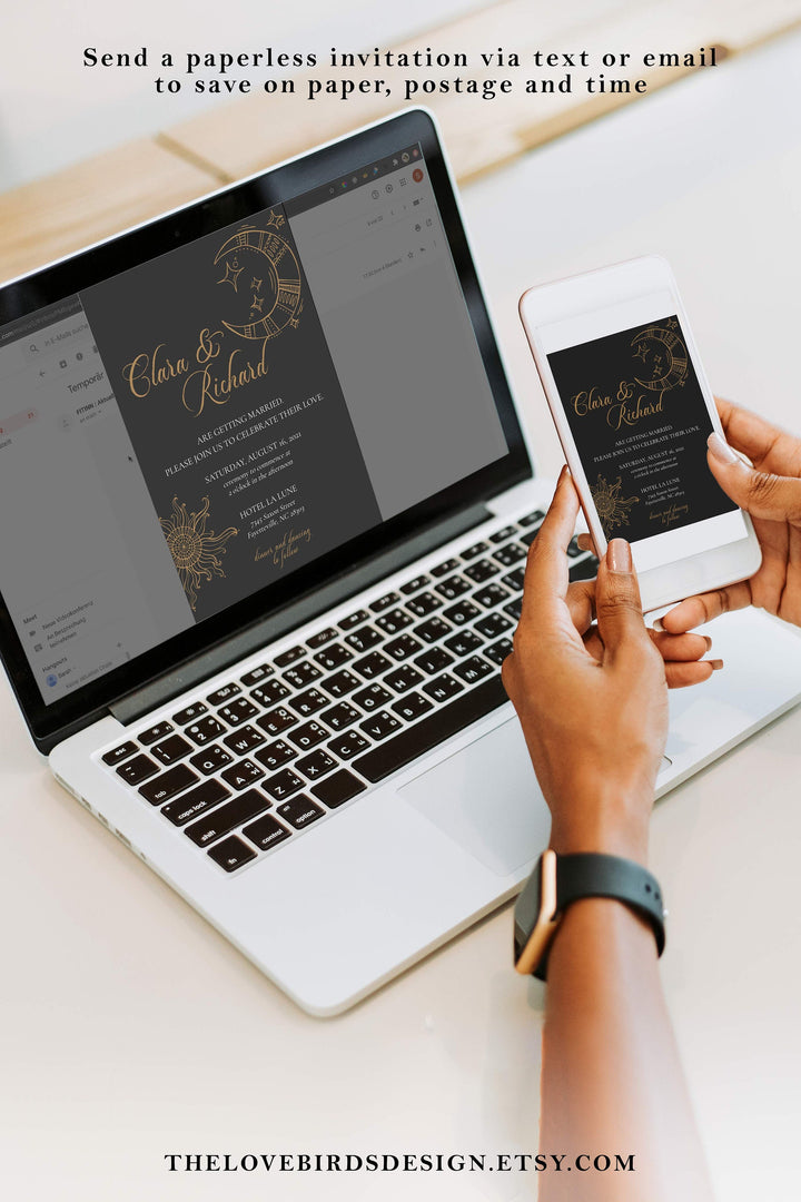 Black Wedding Invitation Template, Witchy Wedding Invite for Celestial Wedding #062