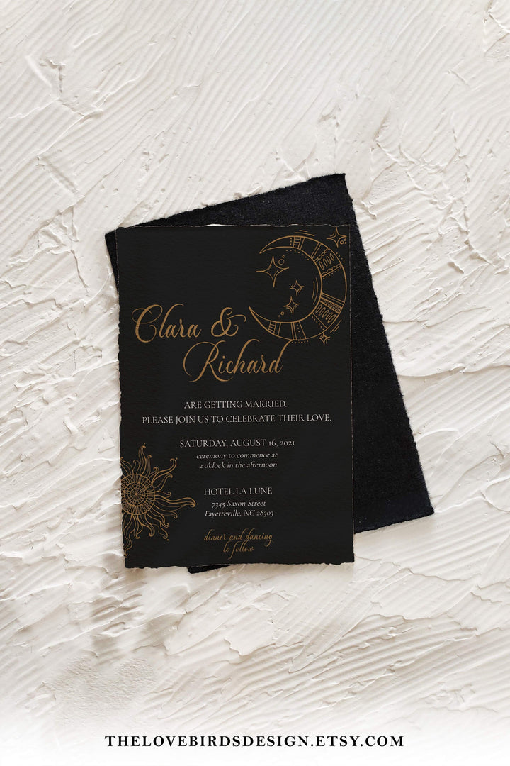 Black Wedding Invitation Template, Witchy Wedding Invite for Celestial Wedding #062