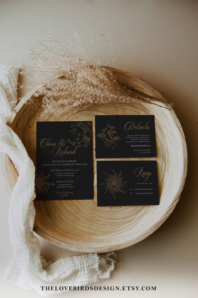 Black Wedding Invitation Template, Witchy Wedding Invite for Celestial Wedding #062