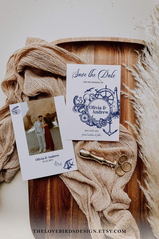 Nautical Save the Date Wedding Invitation Template, Wedding Invite with Photo for Ocean Beach Wedding | Printable Template