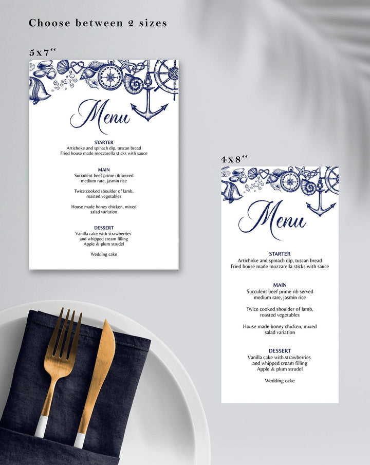 Nautical Wedding Menu Template with Instant Download for a Destination Beach Wedding, Printable Boho Table Menu Card #071