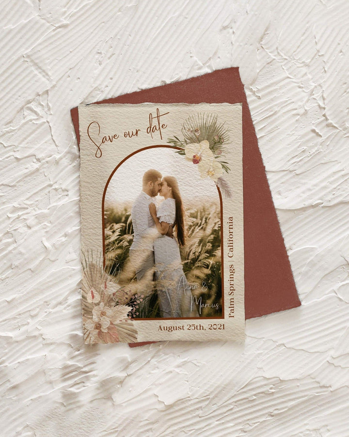 Boho Rust Wedding Save the Date with Photo - Burnt Orange Theme, Terracotta & Copper Saree - Instant Download Digital Template