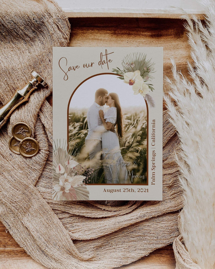 Boho Rust Wedding Save the Date with Photo - Burnt Orange Theme, Terracotta & Copper Saree - Instant Download Digital Template