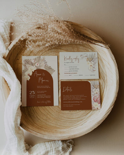 Boho Rust Wedding Invitation Suite - Burnt Orange & Terracotta Theme - Copper Saree - Instant Download Digital Template