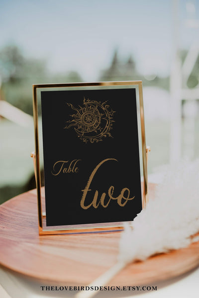 Celestial Wedding Table Number Gold, Boho Sun & Moon Wedding Template Card, Starry Night Sky Gold Black #062