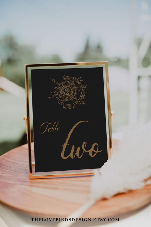 Celestial Wedding Table Number Gold, Boho Sun & Moon Wedding Template Card, Starry Night Sky Gold Black #062
