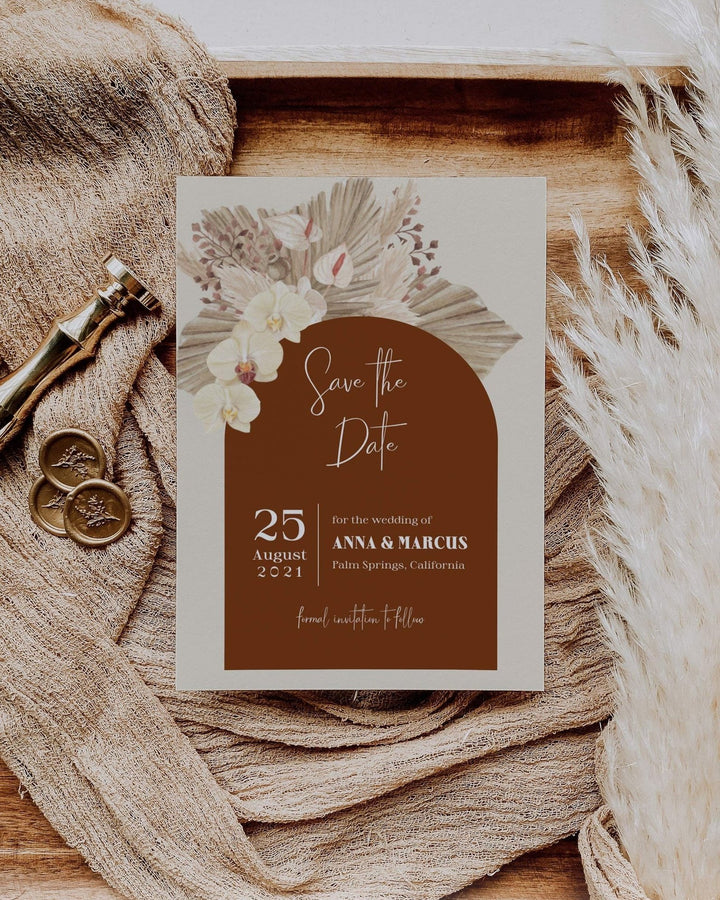 Boho Rust Wedding Save the Date Postcard - Burnt Orange Theme - Terracotta - Copper Saree - Instant Download Digital Template