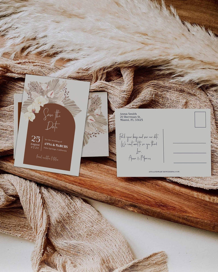 Boho Rust Wedding Save the Date Postcard - Burnt Orange Theme - Terracotta - Copper Saree - Instant Download Digital Template