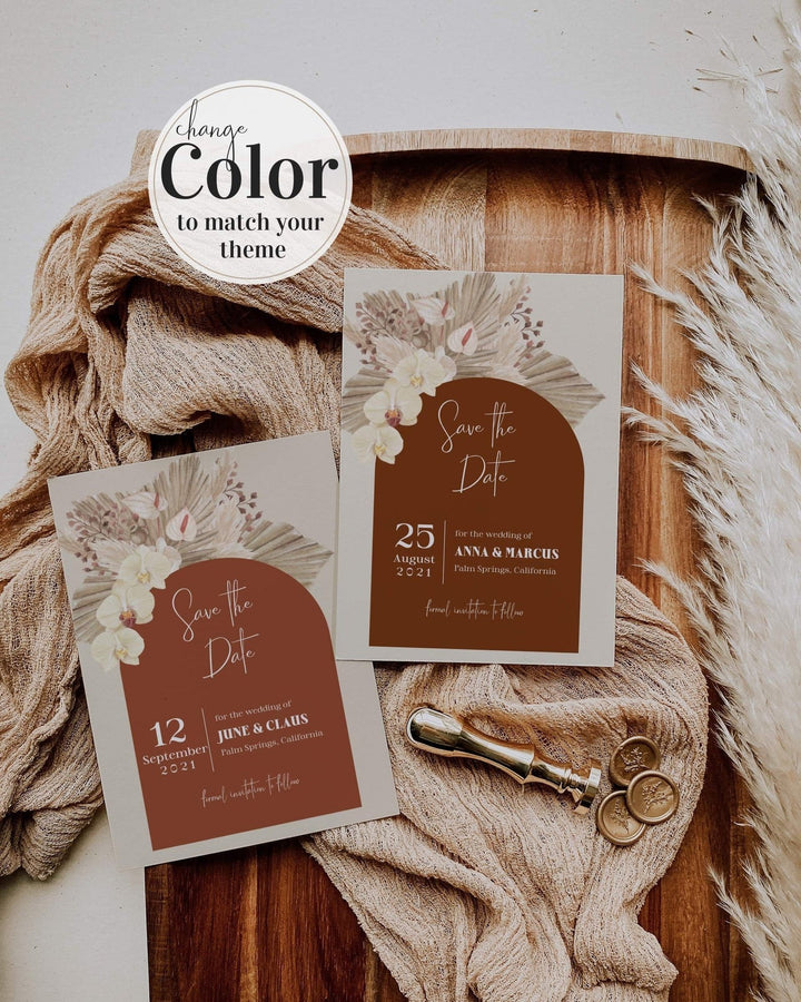 Boho Rust Wedding Invitation Suite - Burnt Orange & Terracotta Theme - Copper Saree - Instant Download Digital Template