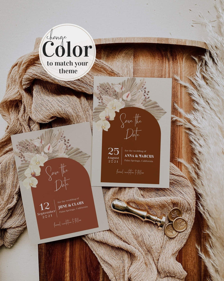 Boho Rust Wedding Save the Date | Burnt Orange & Terracotta Theme | Instant Download Digital Template