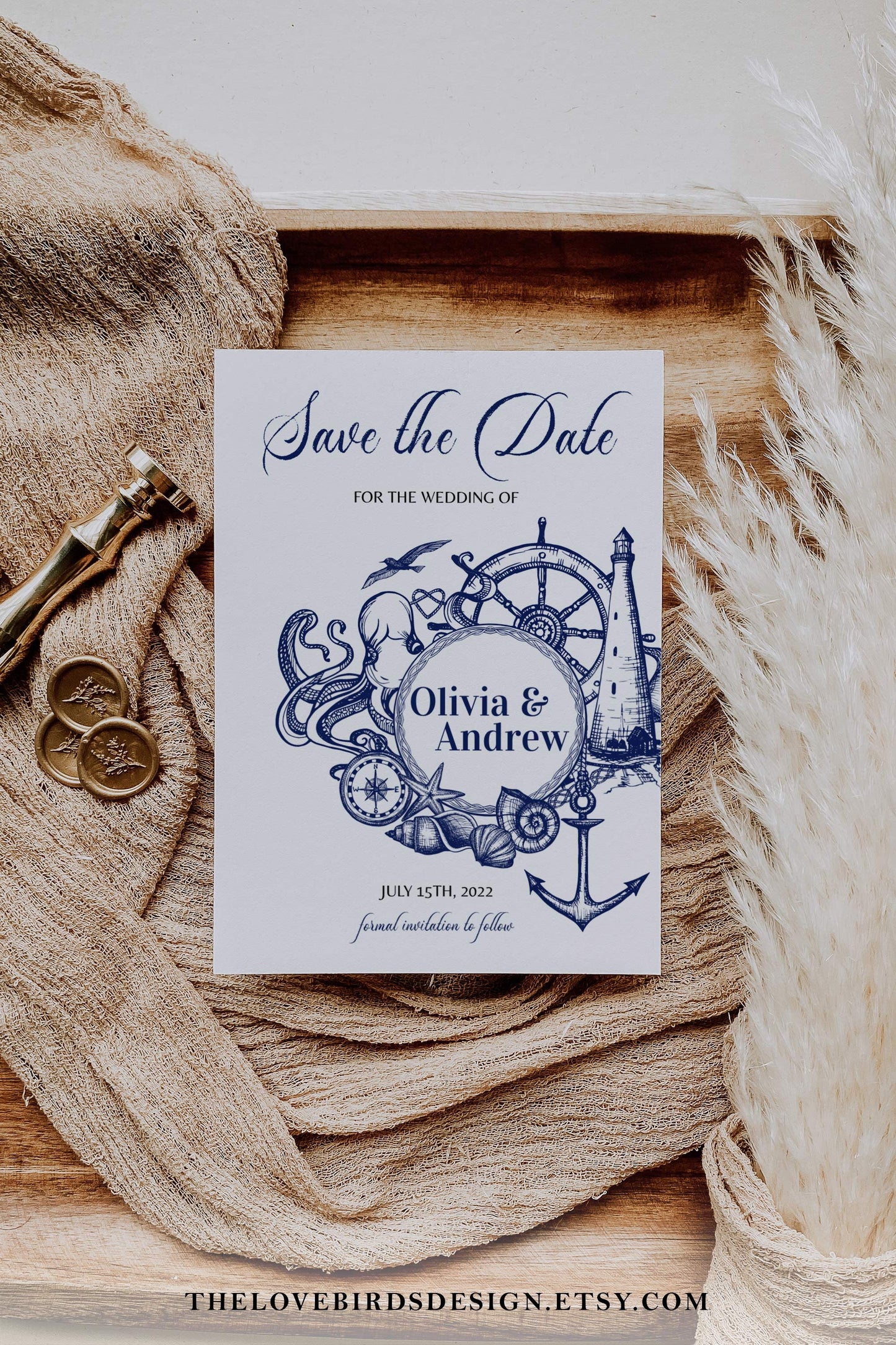Nautical Save the Date Wedding Invitation Template, Wedding Invite with Photo for Ocean Beach Wedding | Printable Template