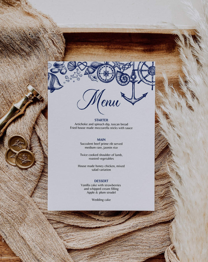 Nautical Wedding Menu Template with Instant Download for a Destination Beach Wedding, Printable Boho Table Menu Card #071