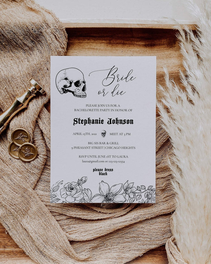 Halloween Bridal Shower Invitation Template, Bride or Die, Till Death Do Us Party, Skull Witchy Bachelorette Party