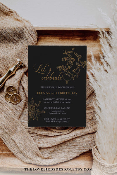 Celestial Birthday Invitation for Adult Woman, Starry Night Sky Birthday Gold Black #062