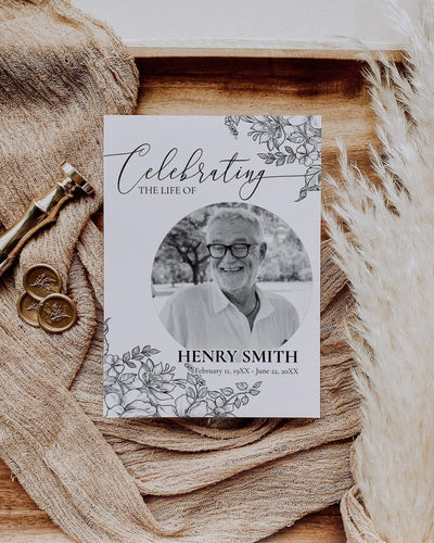 Celebrate Life Invitation, Black Roses Funeral Program Template, 4 Pages Obituary Template with Photo for Man and Woman